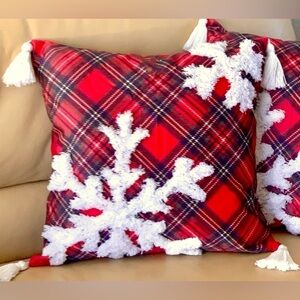 Tartan Red Plaid White Tufted Snowflakes Tasseled Christmas Throw Pillow Cover